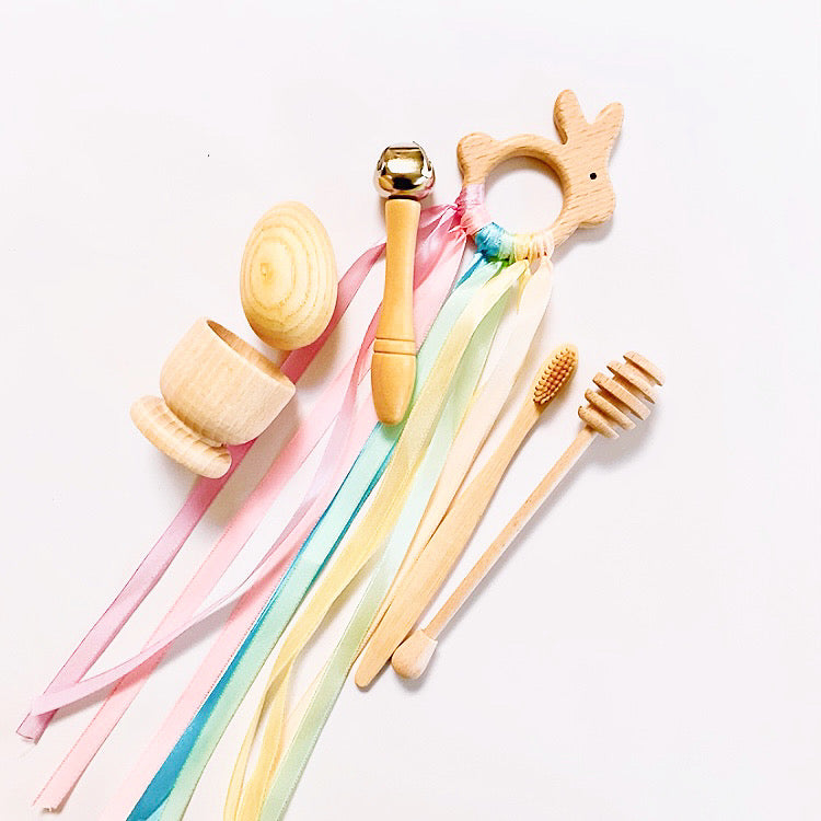 bunny hand kite easter kit baby hand bell egg shakers wooden bamboo brush wooden honey dipper wooden egg cup pastel hand kite rainbow pastel