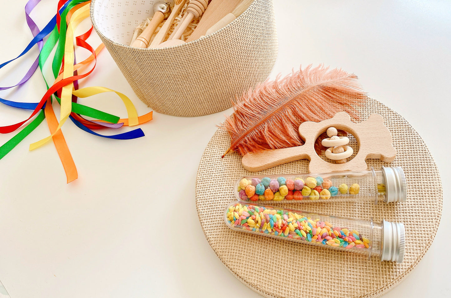 Treasure basket wooden toys Montessori toys Montessori treasure basket gift set natural toys natural basket sensory play kit sensory treasure rainbow hand kit wooden hand bell egg shaker wooden baby hair brush pastry brush wooden spoon bamboo toothbrush rattle wooden teddy bear rattle wooden block hand kite baby teether baby gift set Christmas treasure basket wooden toys feather natural feathers Montessori inspired treasures baby treasure basket treasure box wooden egg shakers
