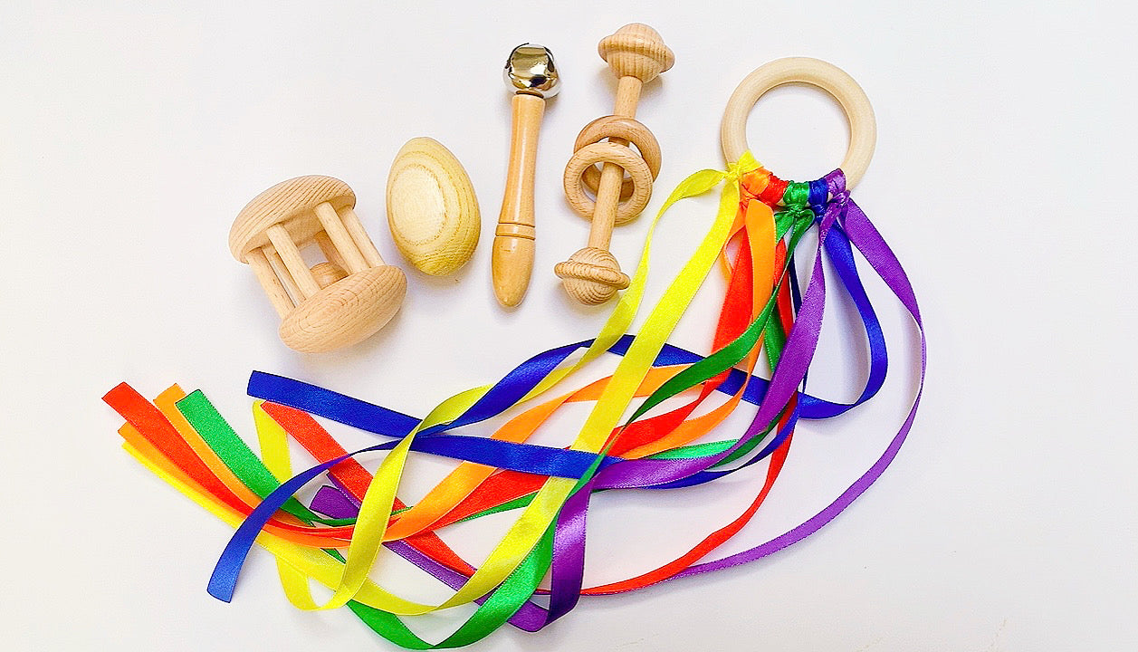 wooden music instruments wooden hand bell wooden egg shakers wooden ring teether ribbon rings wooden rattle baby music gift baby shower gift set Montessori toys