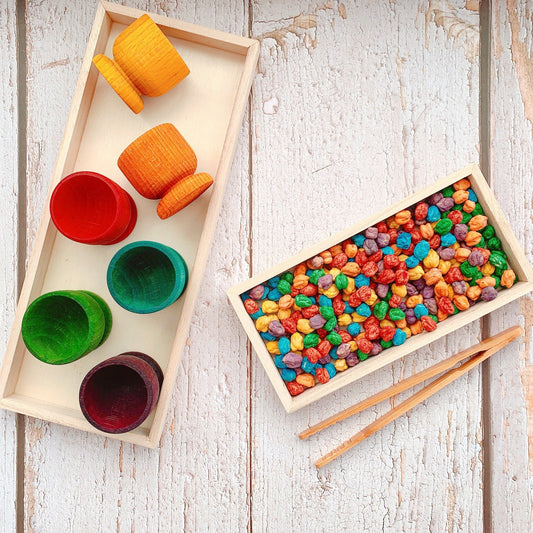 Handpainted colour sorting eggcups coloured chickpeas sensory play matching game sorting colour fine motor skills activity wooden tongs