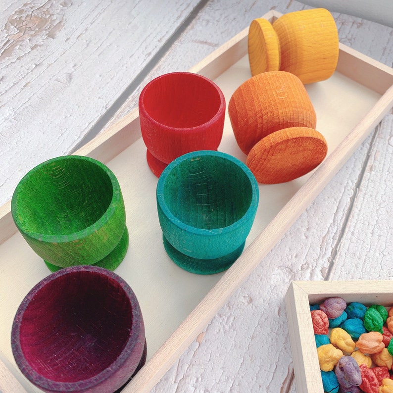 Handpainted colour sorting eggcups coloured chickpeas sensory play matching game sorting colour fine motor skills activity wooden tongs