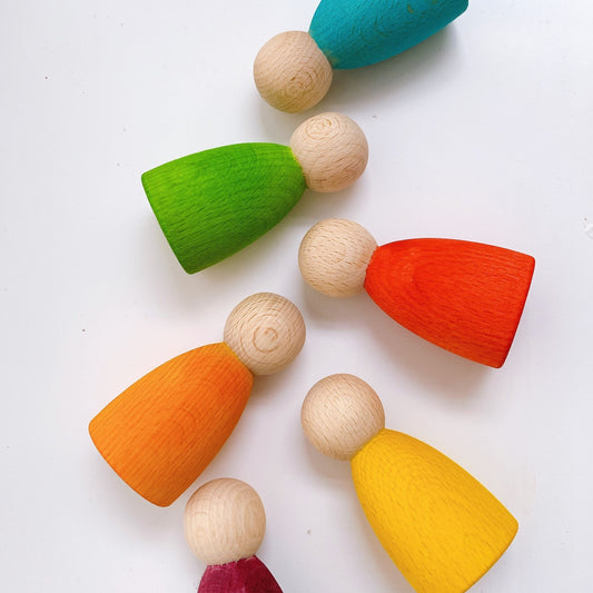 Wooden peg dolls woodstains peg dolls rainbow peg dolls rainbow colour dolls peg dolls collection red peg doll blue green yellow purple dolls plain dolls Waldorf dolls set